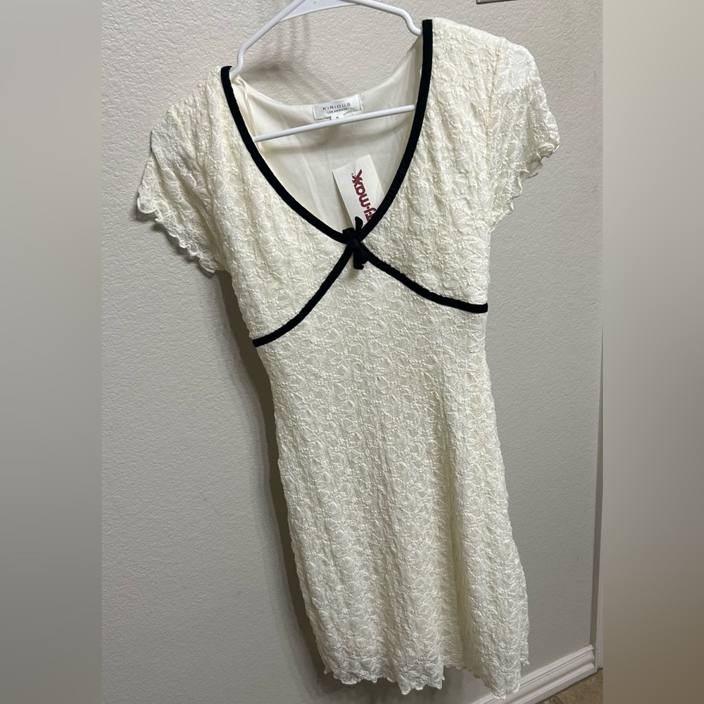 White Lace Dress with Black Trim